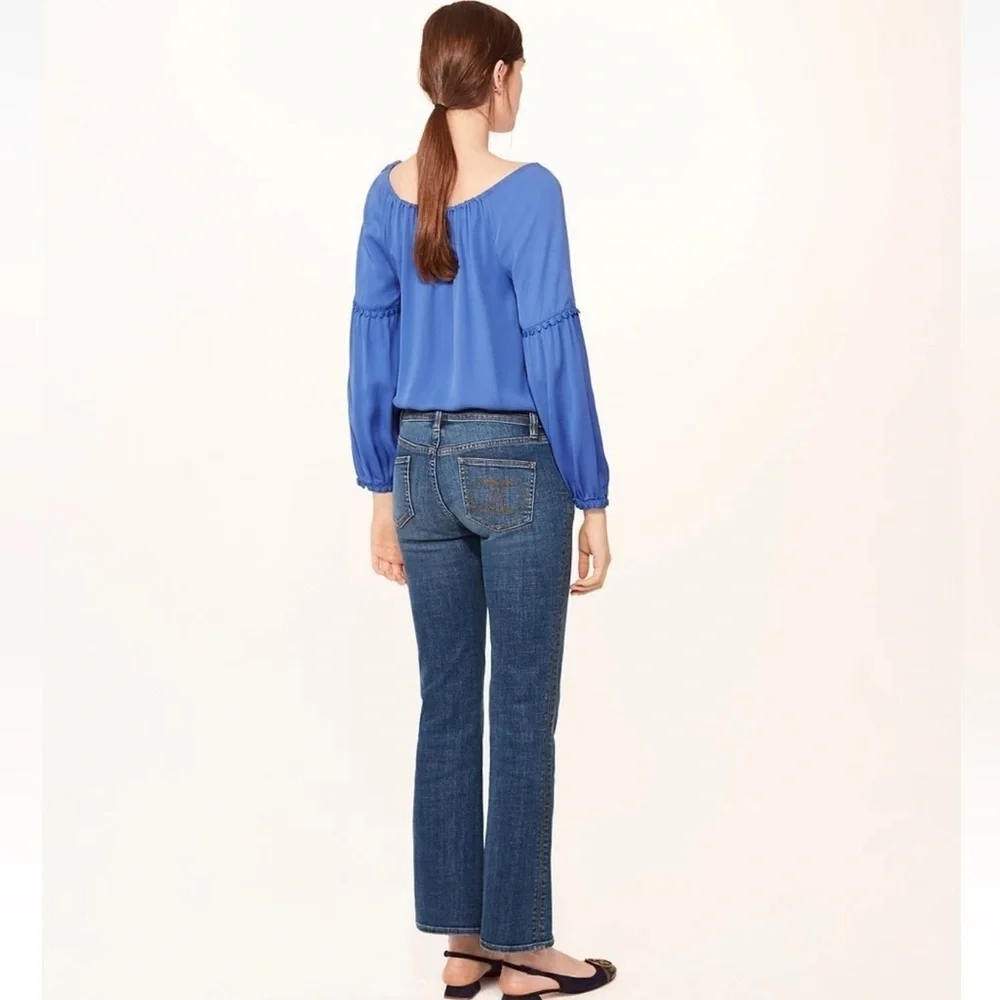 TORY BURCH Blue Silk Fringe Long Sleeves SYLVIE Blouse Size 4 $325